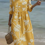 Yassy midi dress with white floral plant print, three-quarter sleeves, gathered waist