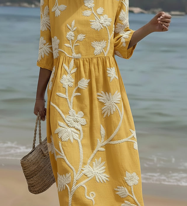 Yassy midi dress with white floral plant print, three-quarter sleeves, gathered waist