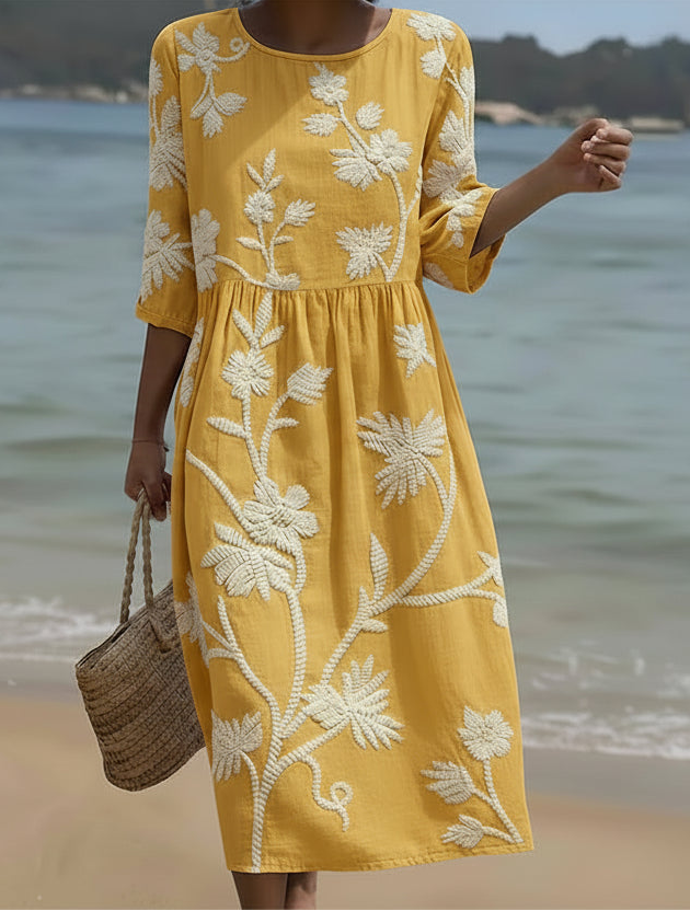 Yassy midi dress with white floral plant print, three-quarter sleeves, gathered waist