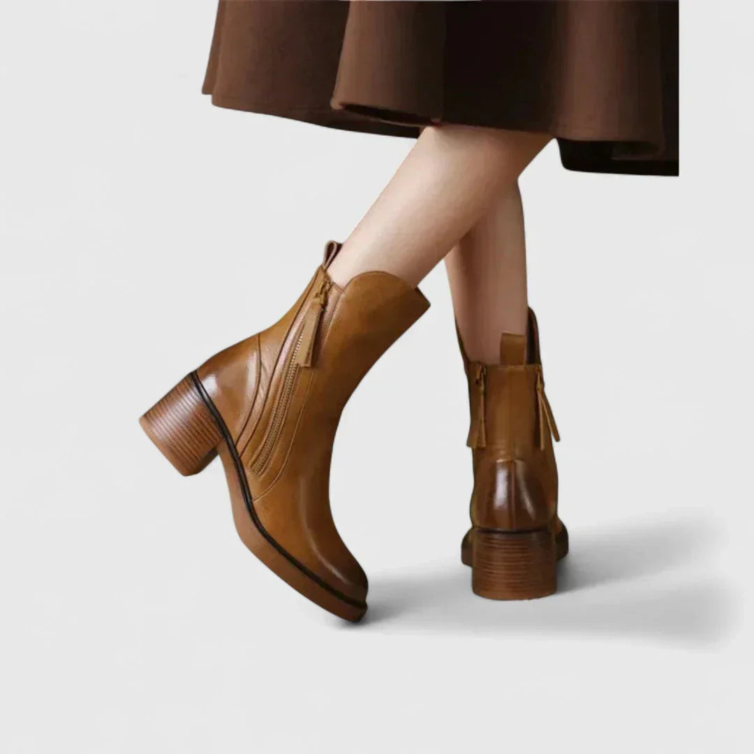 Tan ankle boots with side zipper and tassel ties, chunky block heel