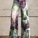 Boho floral wide-leg pants, multicolor print, high waist with belt loops