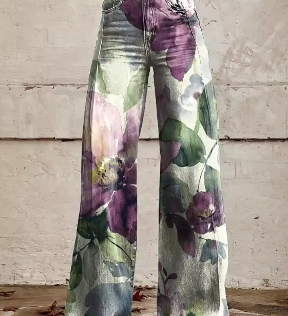 Boho floral wide-leg pants, multicolor print, high waist with belt loops