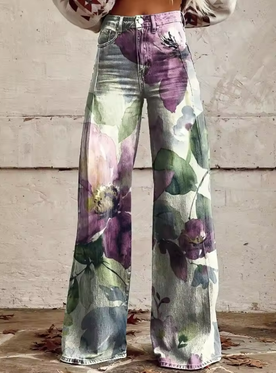 Boho floral wide-leg pants, multicolor print, high waist with belt loops