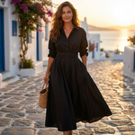 Lana cotton elegant dress with collar, black solid, long sleeves, gathered waist belt