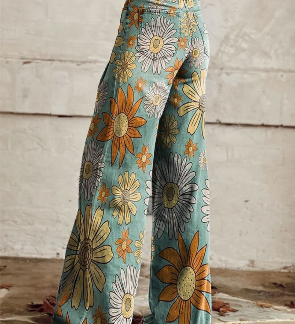 Boho floral wide-leg pants, teal with large daisy print, elastic high waist, flowy fit