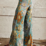 Boho floral wide-leg pants, teal with large daisy print, elastic high waist, flowy fit