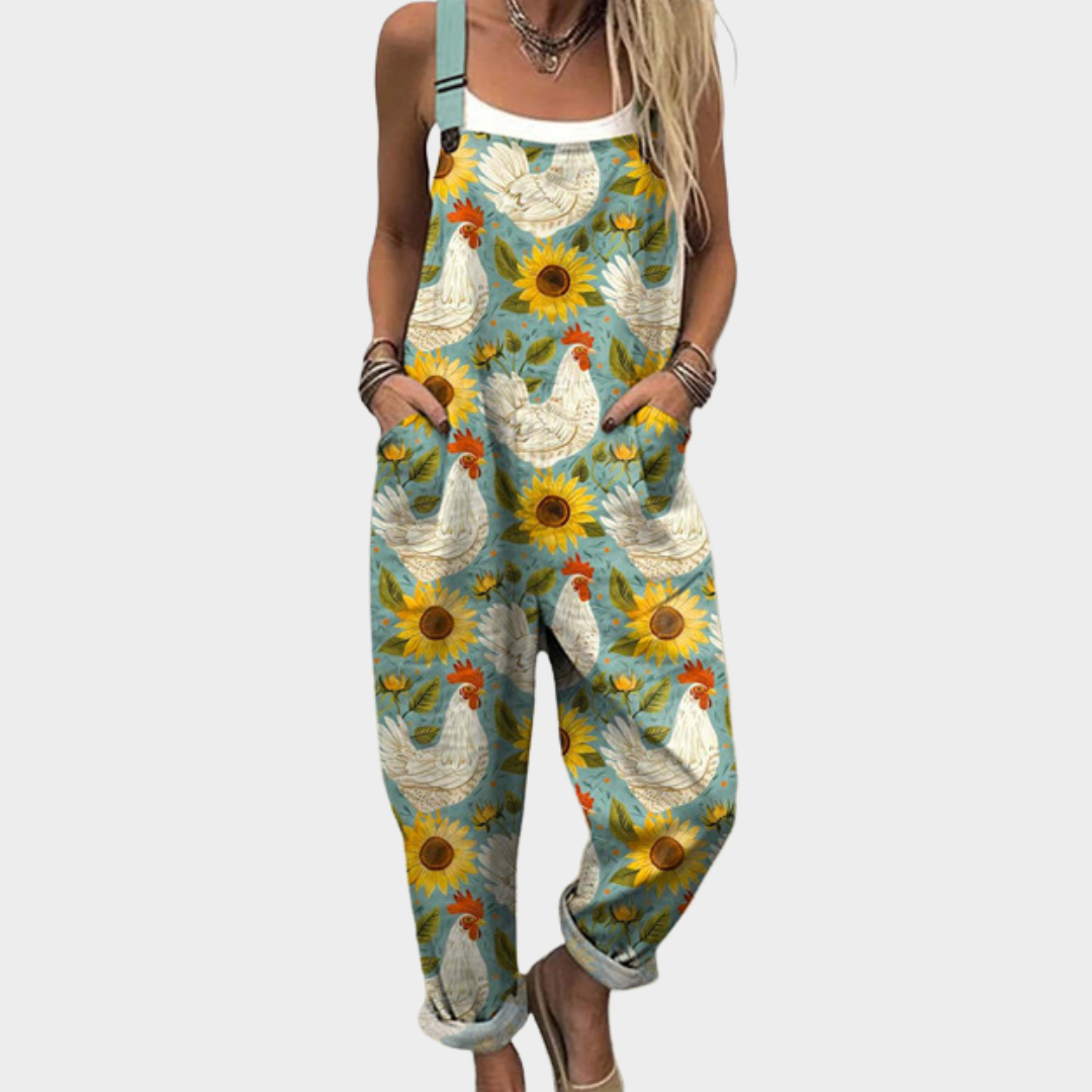 Natural loose overalls with sunflower and bird print, adjustable shoulder straps