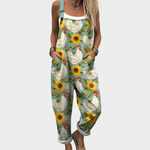 Natural loose overalls with sunflower and bird print, adjustable shoulder straps