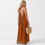 Sleeveless open-back linen summer dress, rust brown, adjustable drawstring front