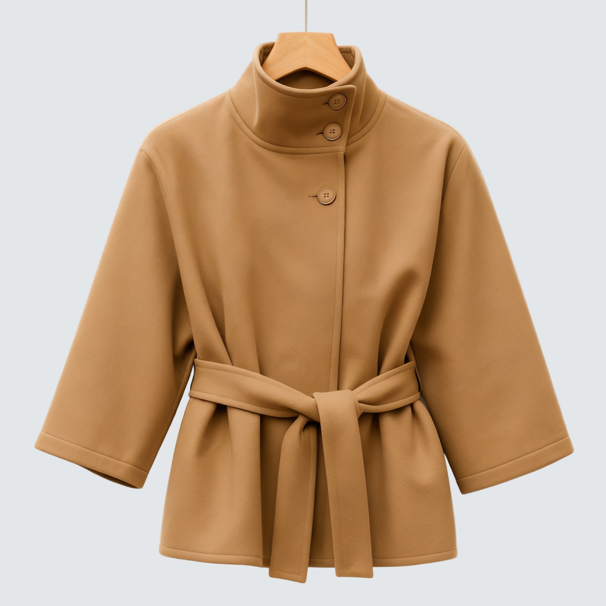 Camel belted jacket with high neck, button front, cape sleeves