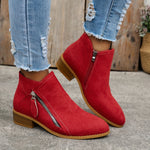 Red orthopedic ankle boots with side zipper and block heel