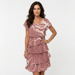 Victoria elegant pink dress with gold line pattern, short sleeves, tiered ruffle hem