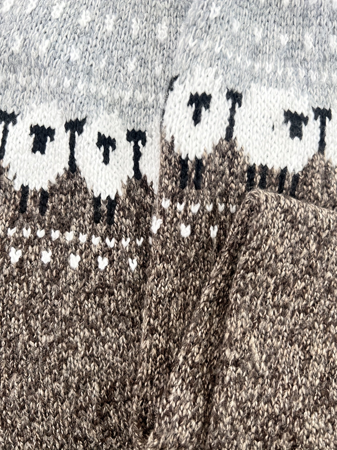 Grey sweater knit close-up with Fair Isle border motif