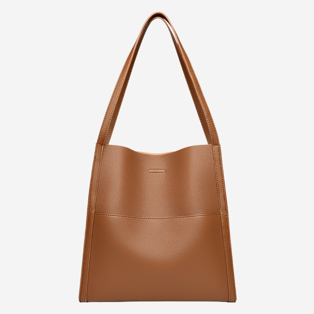 Brown textured shoulder bag with top handles and front seam detail