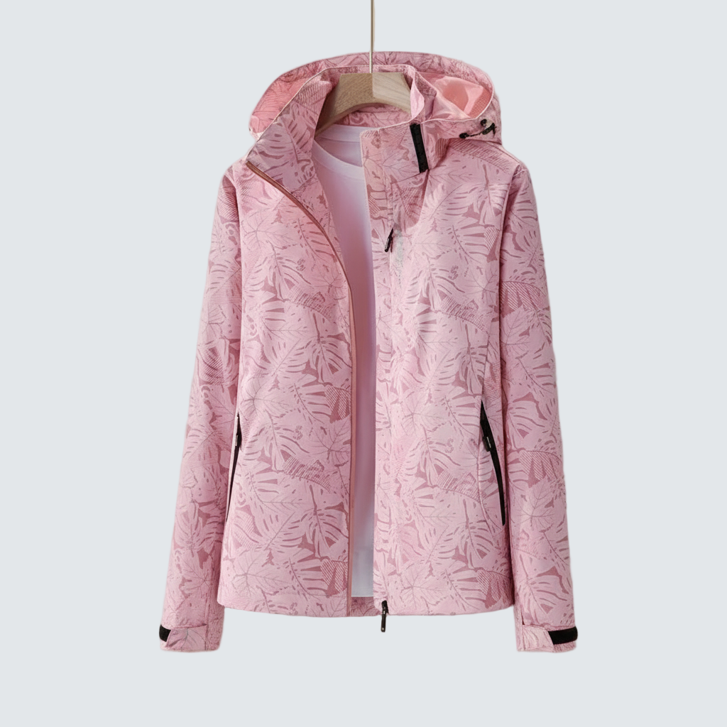 Rose pink hooded jacket with full-zip, leaf pattern, and black trim