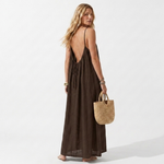 Lightweight dark brown summer dress with spaghetti straps and tie front, maxi length