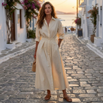 Lana cotton elegant dress with collar, light cream solid, long sleeves, tied waist