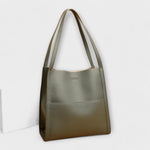 Olive natural leather tote bag with short handles and simple front tab detail
