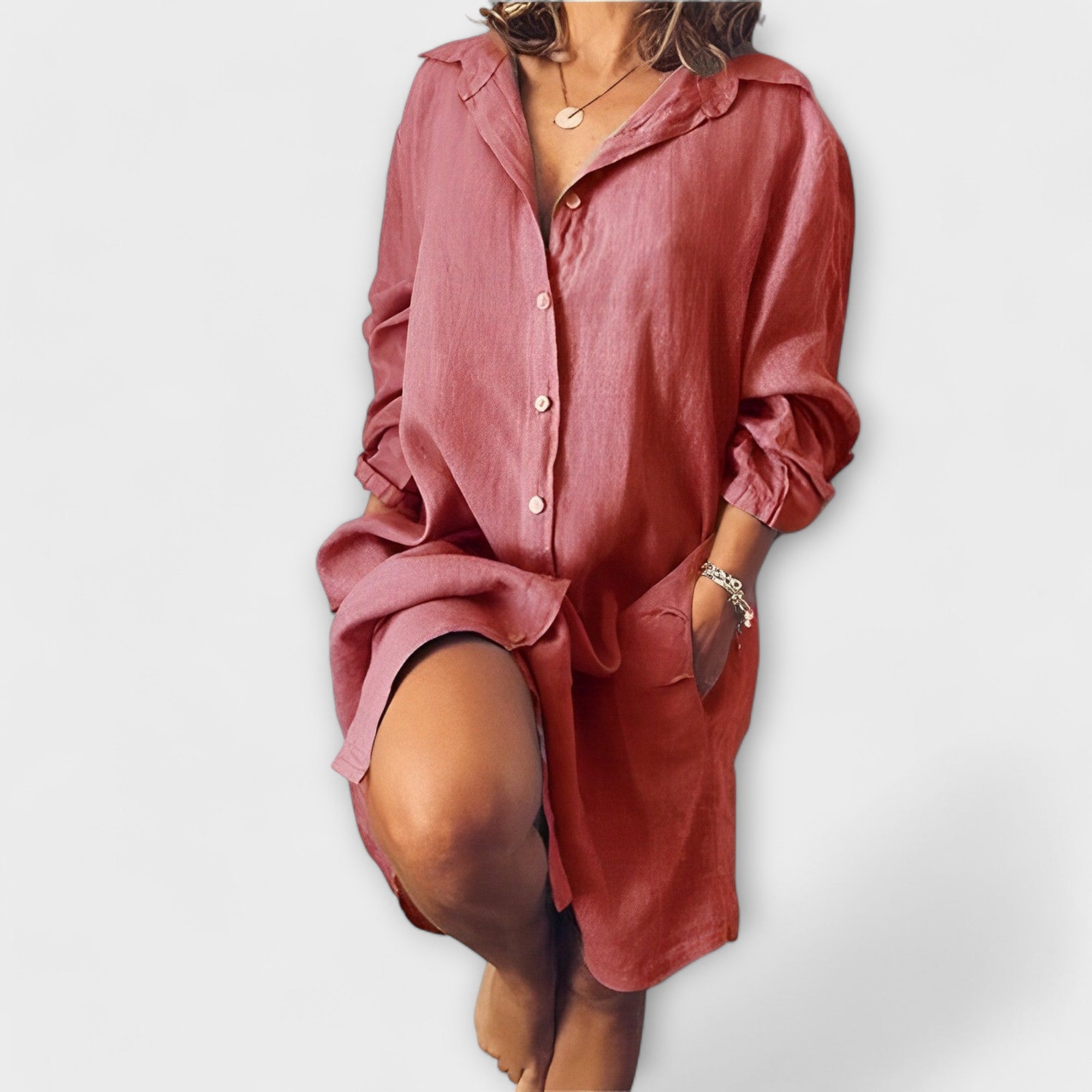 Loose linen shirt-dress, rose red, button-front, point collar, long sleeves, relaxed fit.