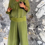 Two-piece chiffon set with scoop V-neck blouse and wide-leg pants, olive green.