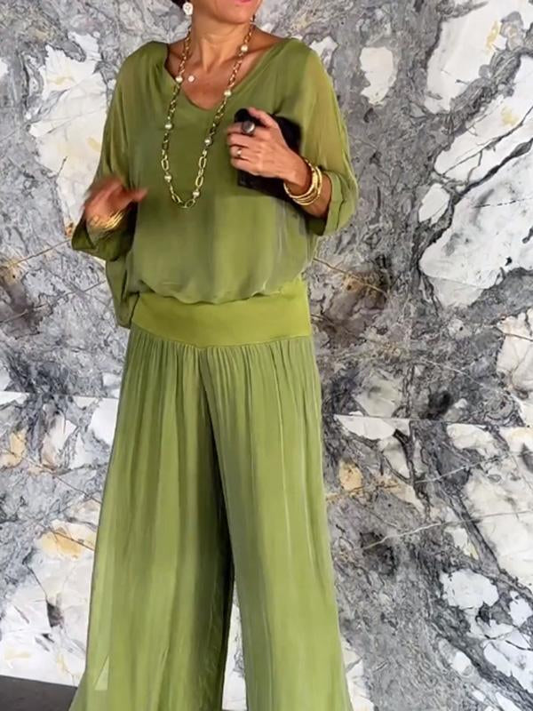 Two-piece chiffon set with scoop V-neck blouse and wide-leg pants, olive green.