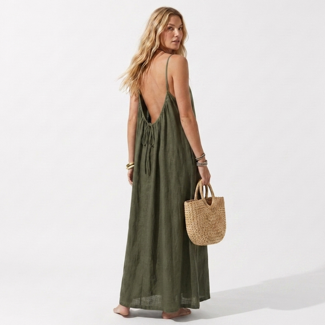 Lightweight dark green summer dress with spaghetti straps and tie front detail, maxi