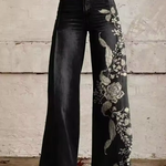 Alexia boho wide-leg pants in dark wash denim with floral embroidered side detail