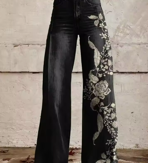 Alexia boho wide-leg pants in dark wash denim with floral embroidered side detail