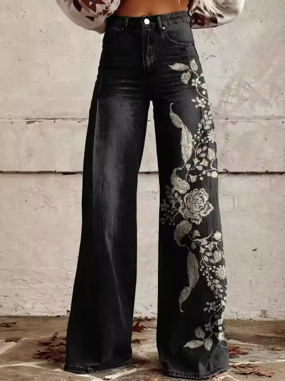 Alexia boho wide-leg pants in dark wash denim with floral embroidered side detail