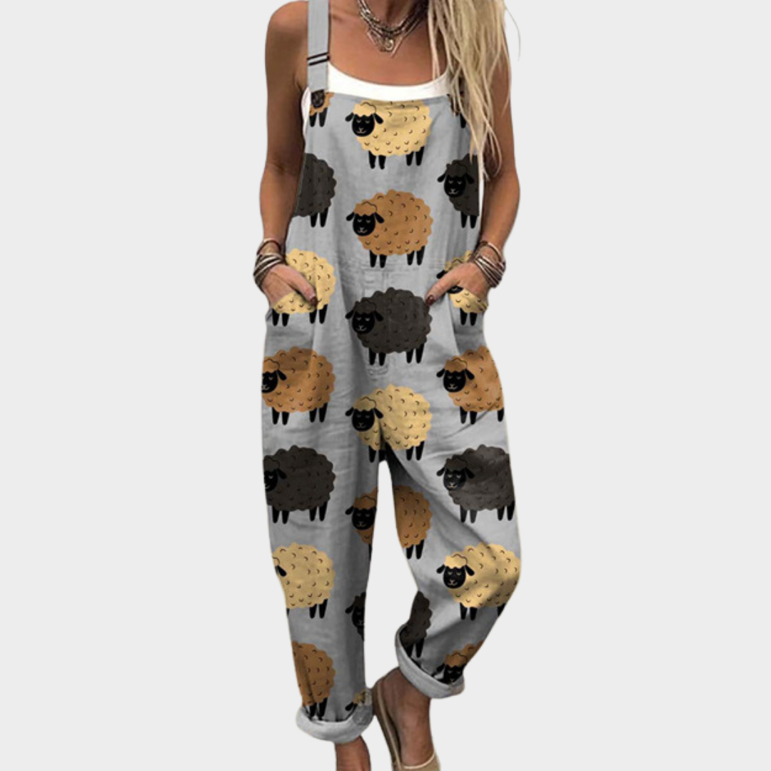 Loose cream overalls with adjustable straps and playful sheep print, full-length
