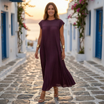 Plum sleeveless pleated midi dress with round neckline