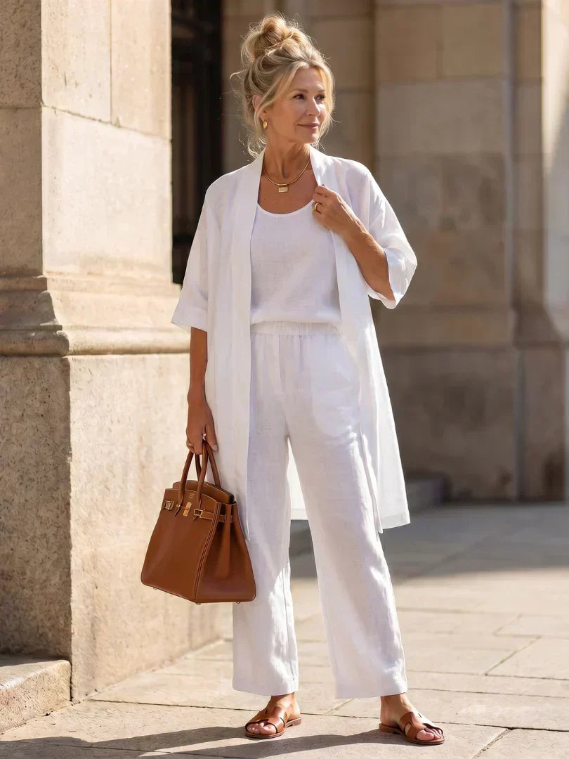 Lightweight lingerie set in white: scoop-neck top, wide-leg pants, short robe