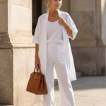Lightweight lingerie set in white: scoop-neck top, wide-leg pants, short robe