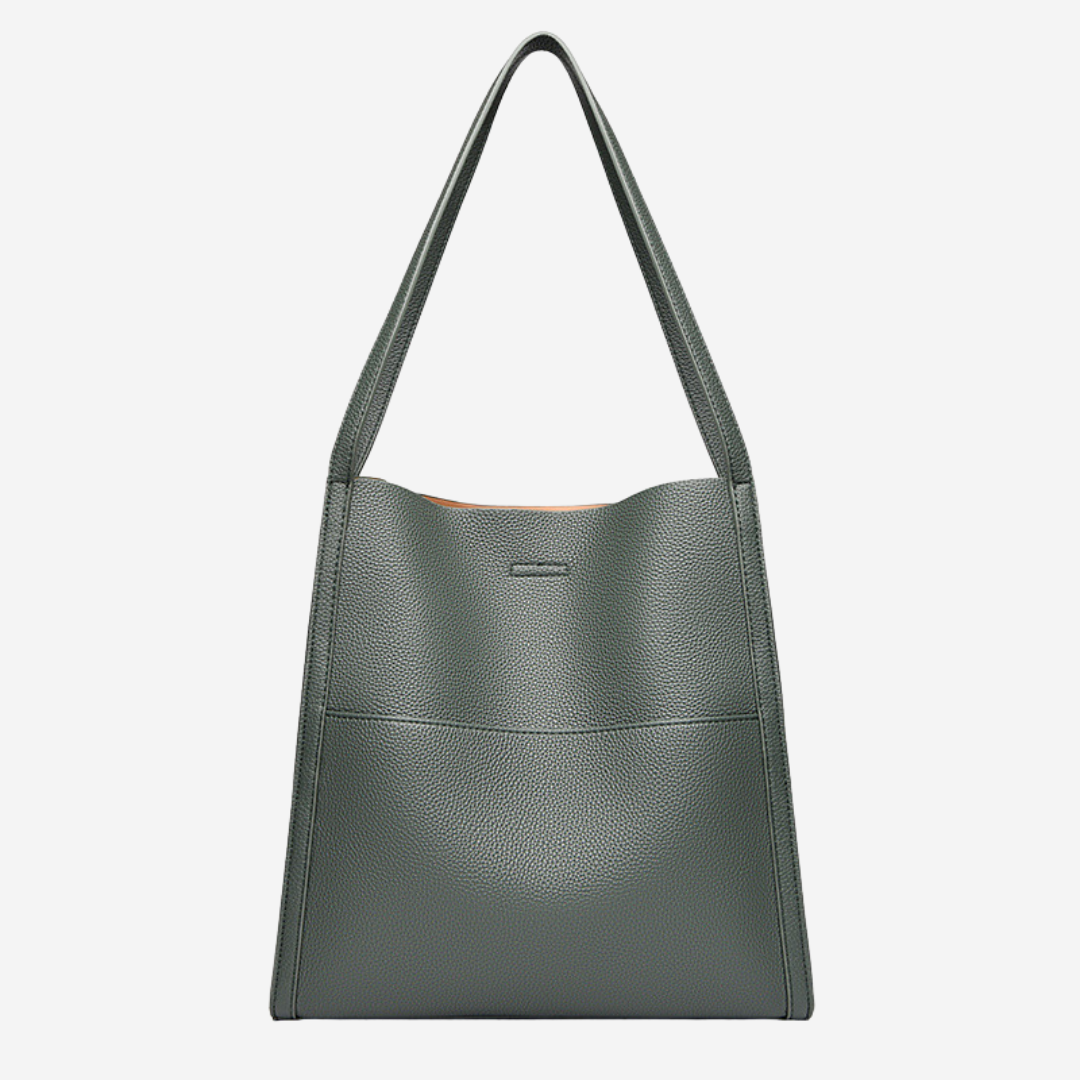 Green textured shoulder bag with top handles and front seam detail