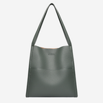 Green textured shoulder bag with top handles and front seam detail