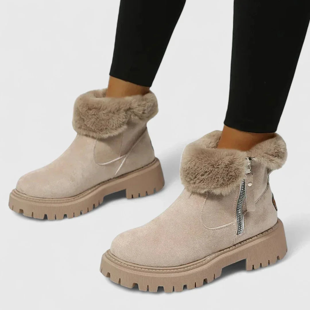 Beige suede ankle boots with faux-fur cuff and side zipper, chunky tread sole