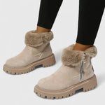 Beige suede ankle boots with faux-fur cuff and side zipper, chunky tread sole