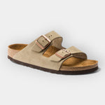 Light summer sandals in beige with two adjustable buckle straps and cork footbed