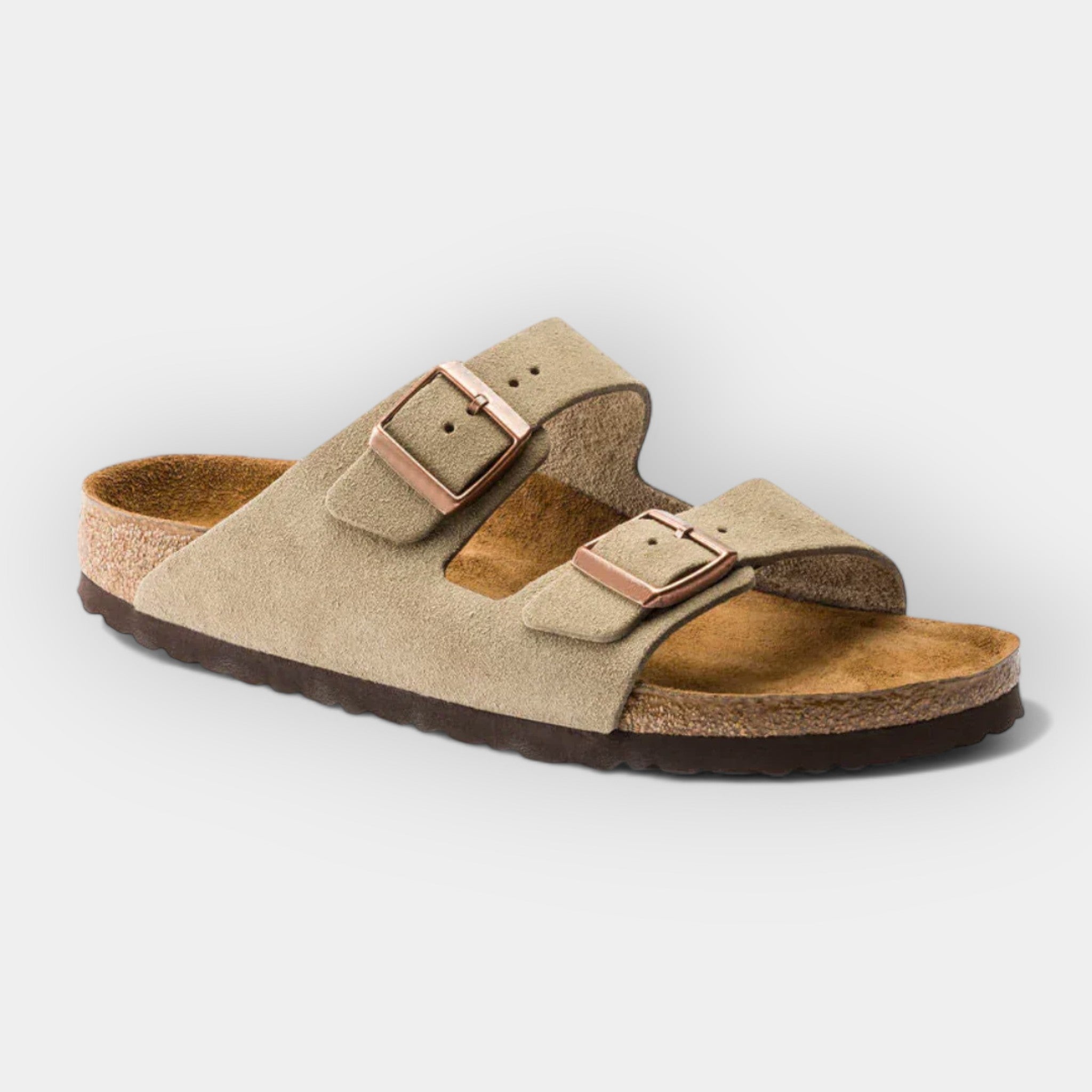Light summer sandals in beige with two adjustable buckle straps and cork footbed