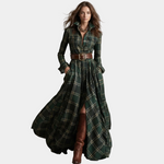 Green plaid belted maxi shirt dress with long sleeves and front button placket