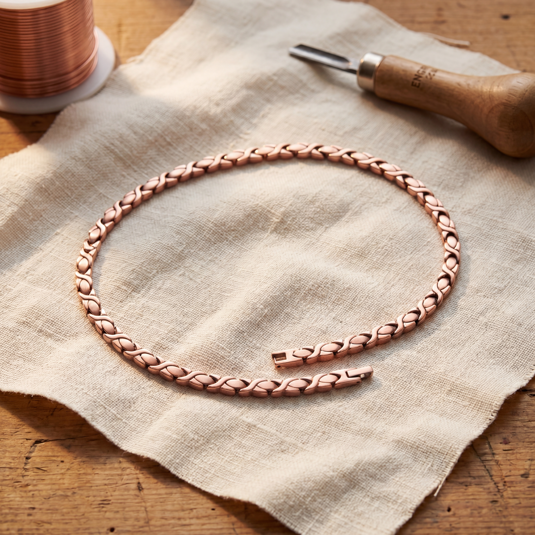 Copper chain necklace with interlocking links, adjustable fit