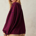 Burgundy and navy striped oversized pullover with long sleeves and ribbed hem
