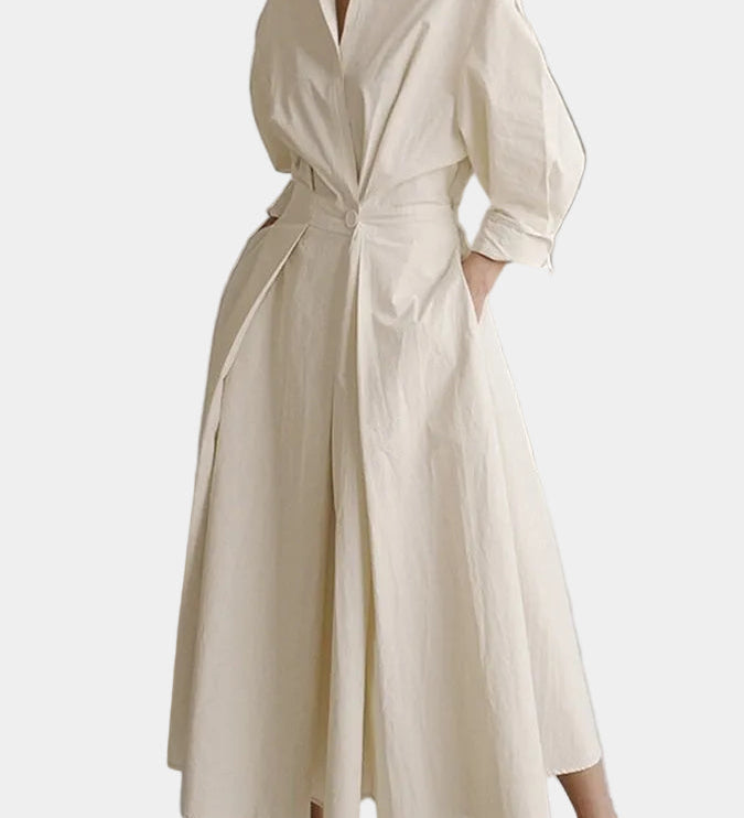Beige long button-front dress with puff sleeves and tied waist, A-line midi skirt