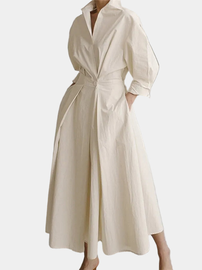 Beige long button-front dress with puff sleeves and tied waist, A-line midi skirt