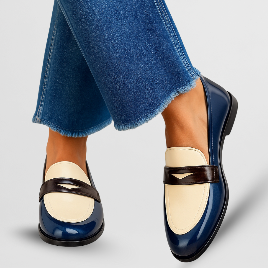 Blue and cream moccasin loafers with black strap detail