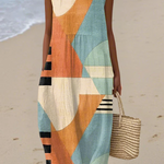 Iris™ geometric midi dress, sleeveless with patchwork blocks in orange, teal, cream, black