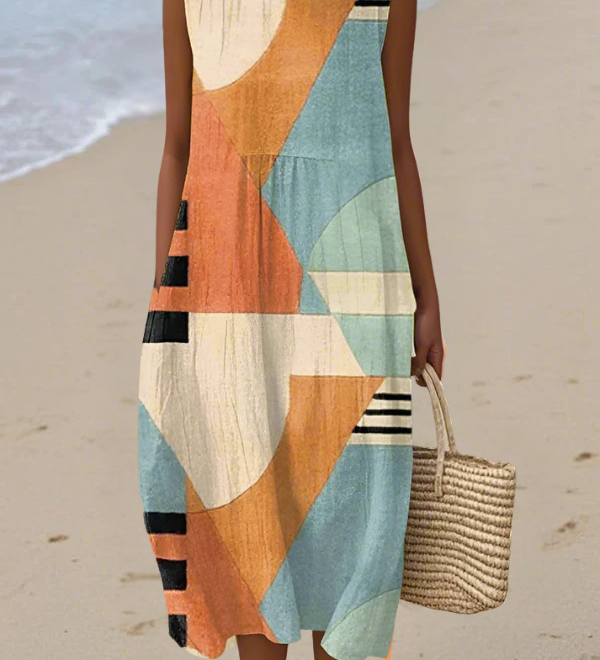 Iris™ geometric midi dress, sleeveless with patchwork blocks in orange, teal, cream, black