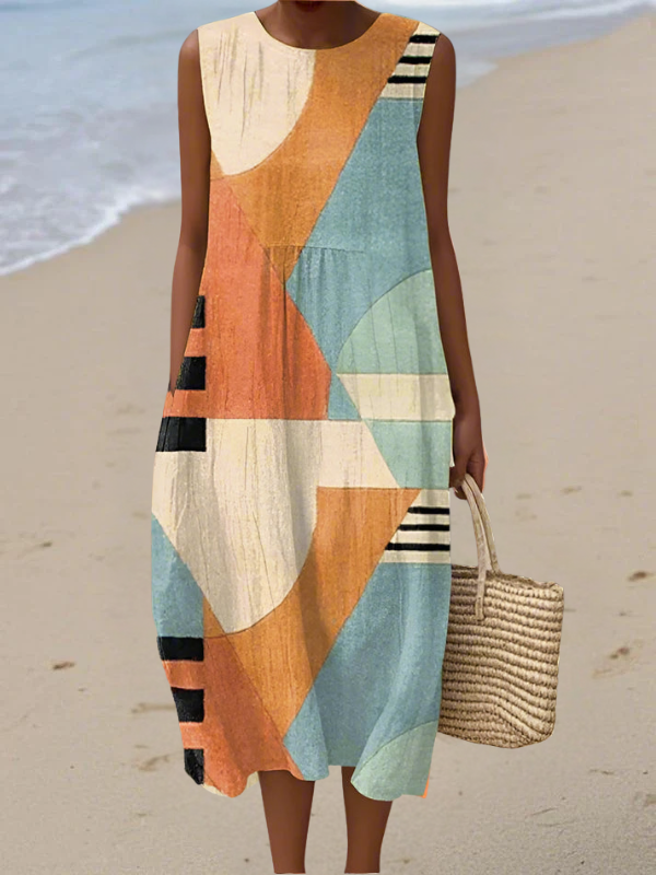 Iris™ geometric midi dress, sleeveless with patchwork blocks in orange, teal, cream, black