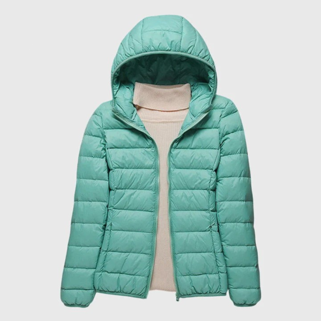 Lightweight puffer jacket with hood, turquoise zip front, ribbed knit hem