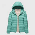 Lightweight puffer jacket with hood, turquoise zip front, ribbed knit hem